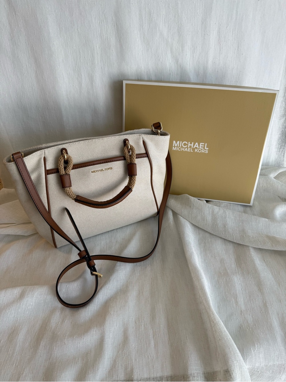 Michael Kors Cream and Brown Rope-Handle Satchel